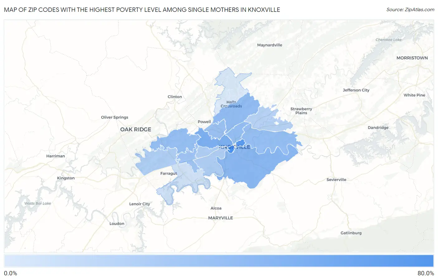 Zip Codes with the Highest Poverty Level Among Single Mothers in Knoxville Map