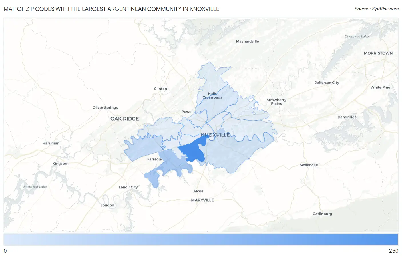 Zip Codes with the Largest Argentinean Community in Knoxville Map
