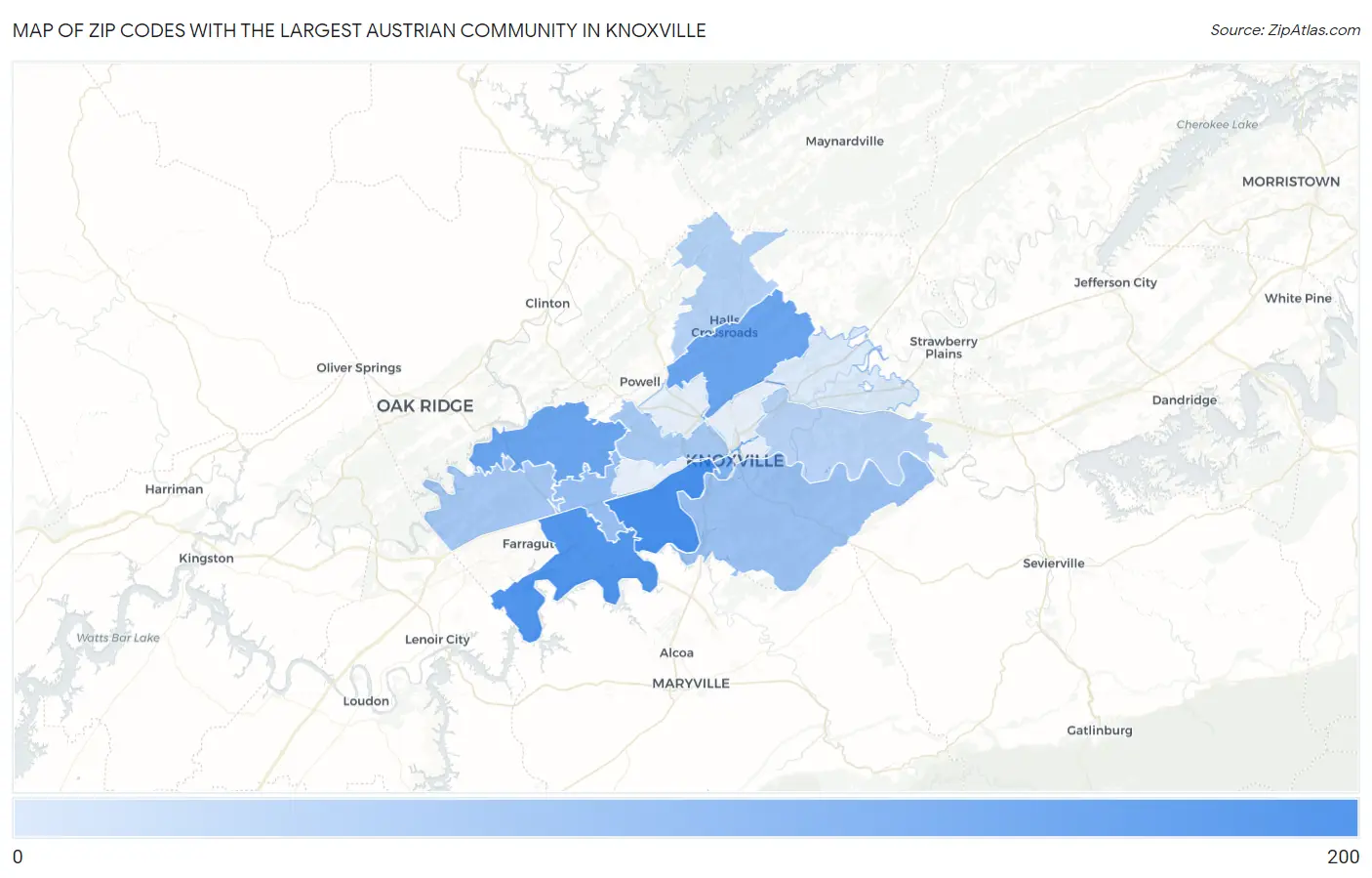 Zip Codes with the Largest Austrian Community in Knoxville Map