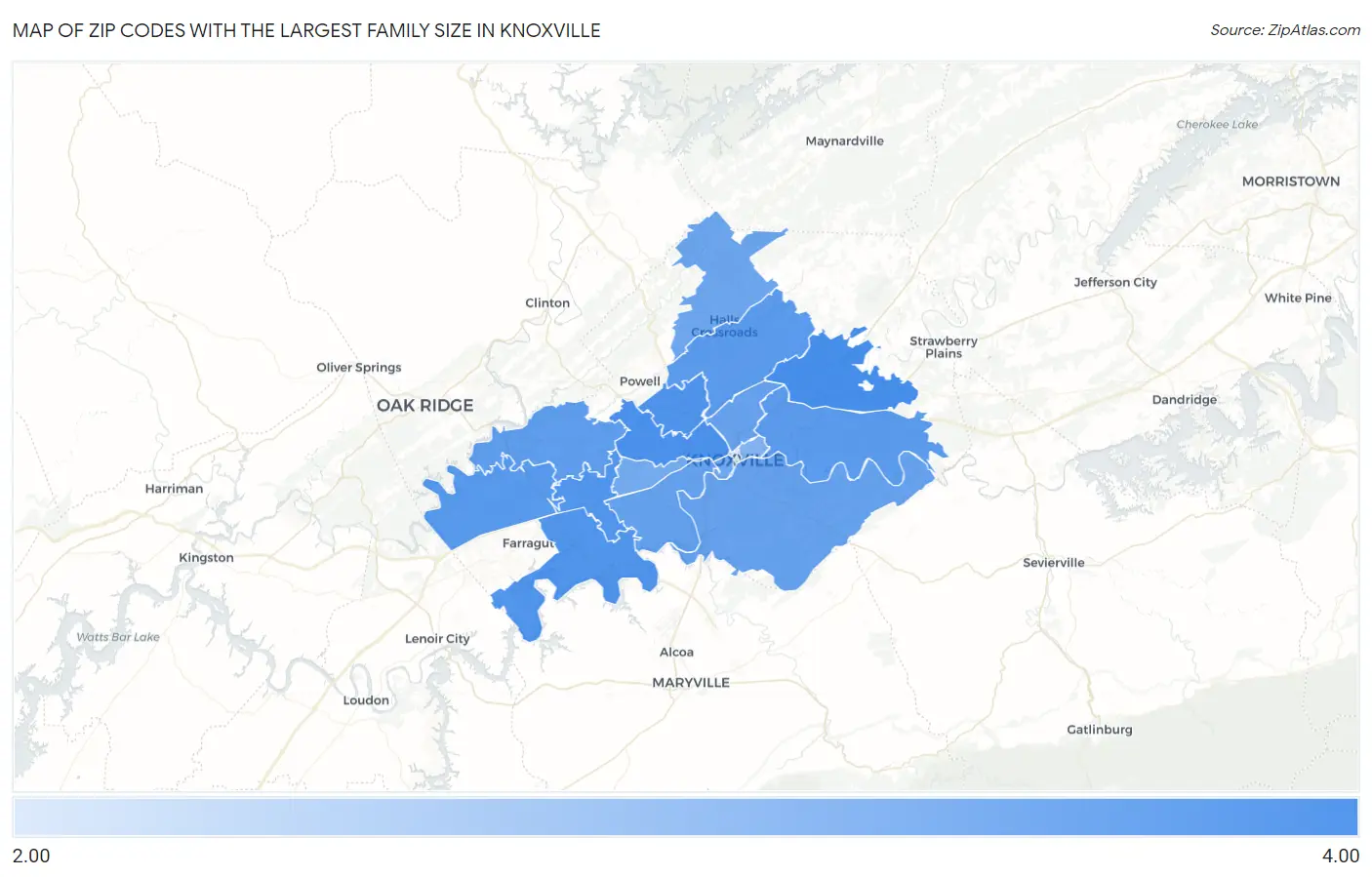 Zip Codes with the Largest Family Size in Knoxville Map