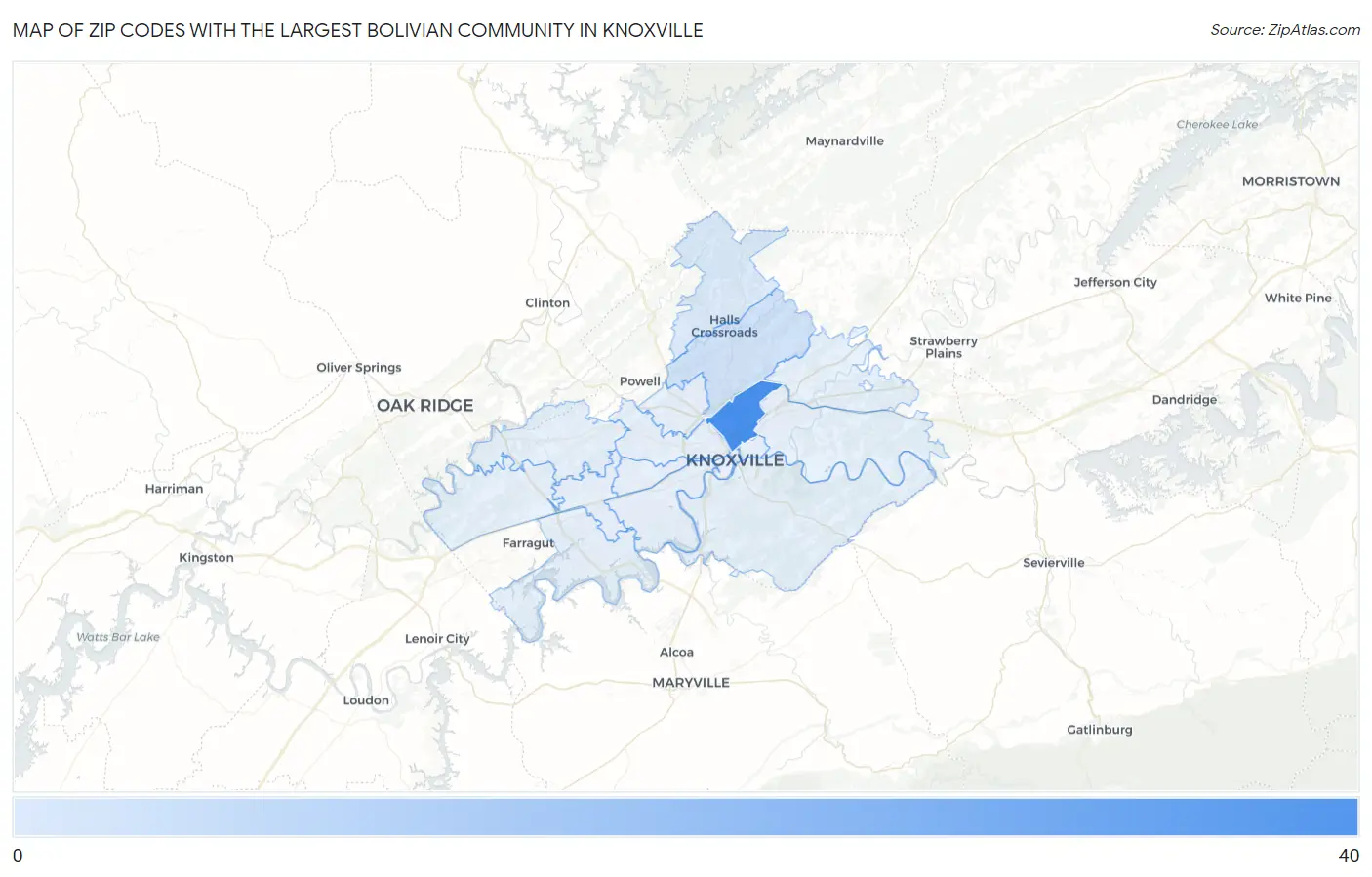 Zip Codes with the Largest Bolivian Community in Knoxville Map