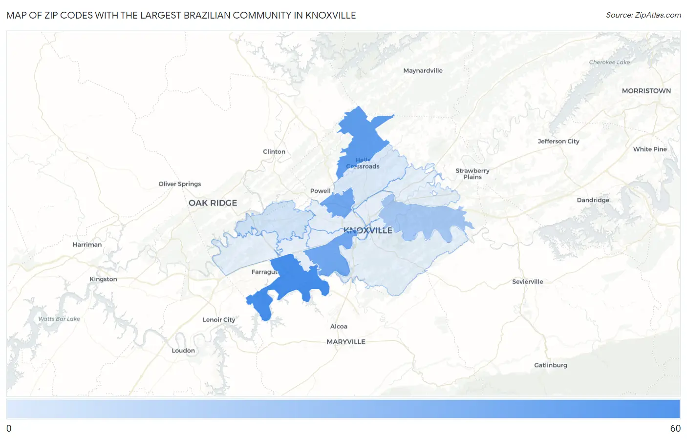 Zip Codes with the Largest Brazilian Community in Knoxville Map