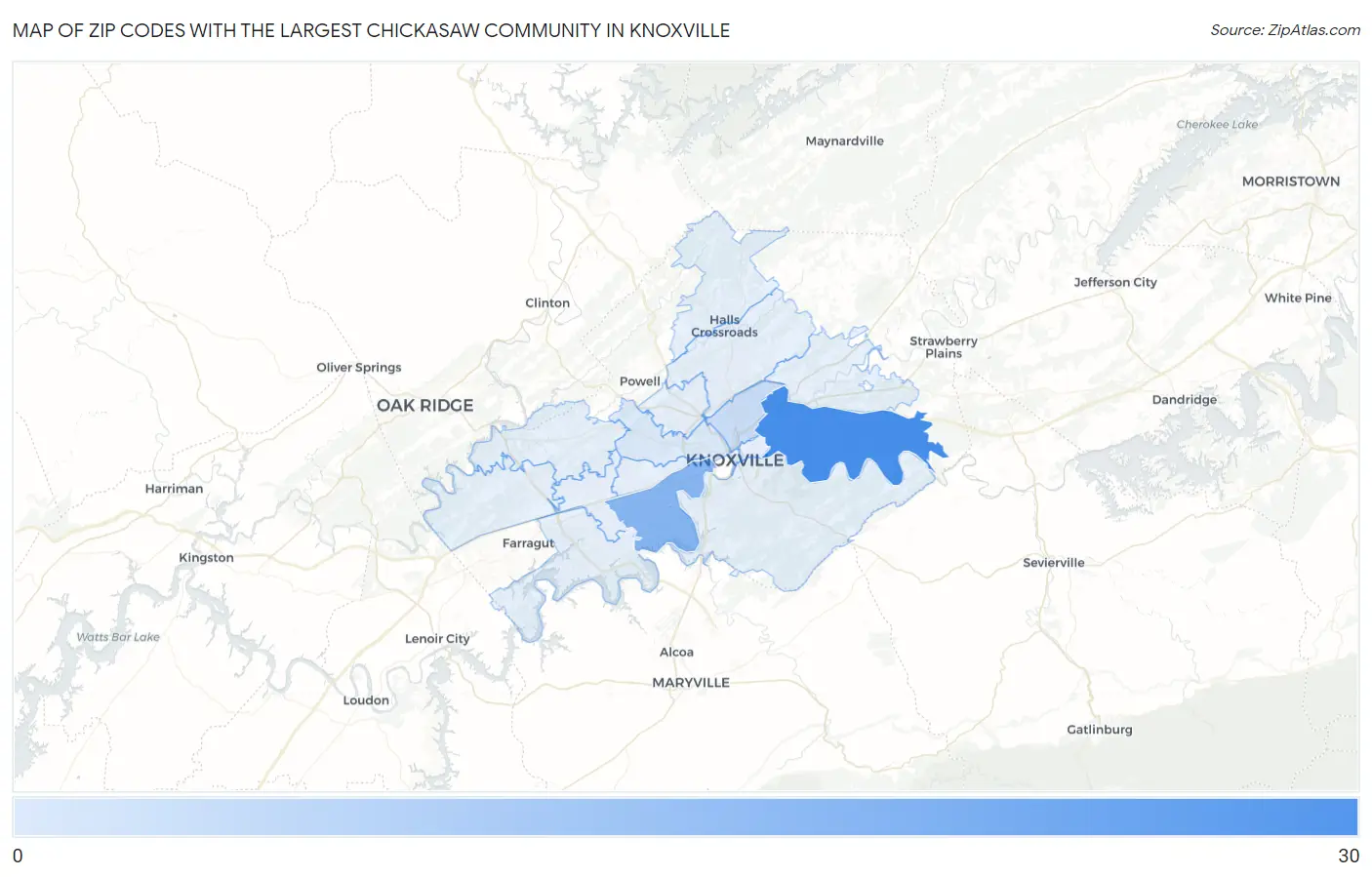 Zip Codes with the Largest Chickasaw Community in Knoxville Map