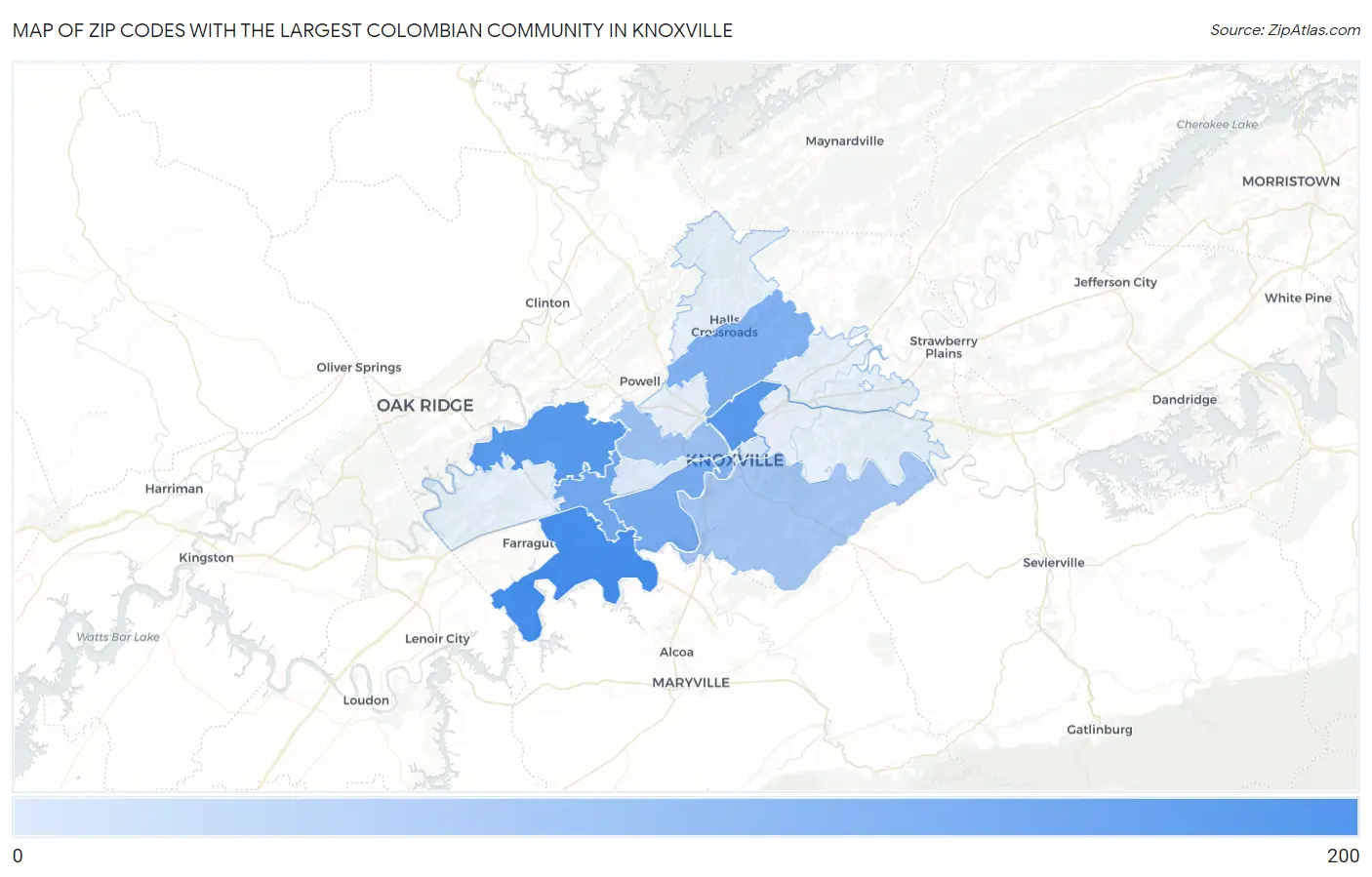 Zip Codes with the Largest Colombian Community in Knoxville Map