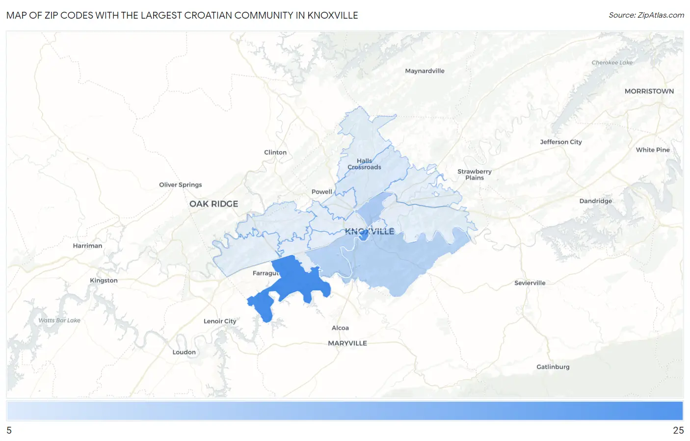 Zip Codes with the Largest Croatian Community in Knoxville Map