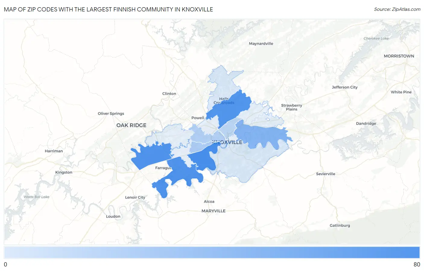 Zip Codes with the Largest Finnish Community in Knoxville Map