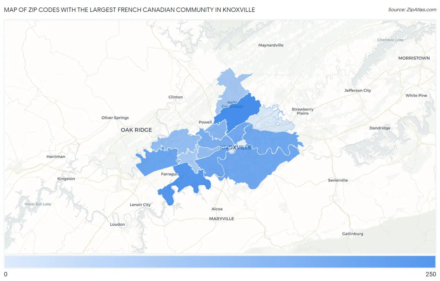 Zip Codes with the Largest French Canadian Community in Knoxville Map