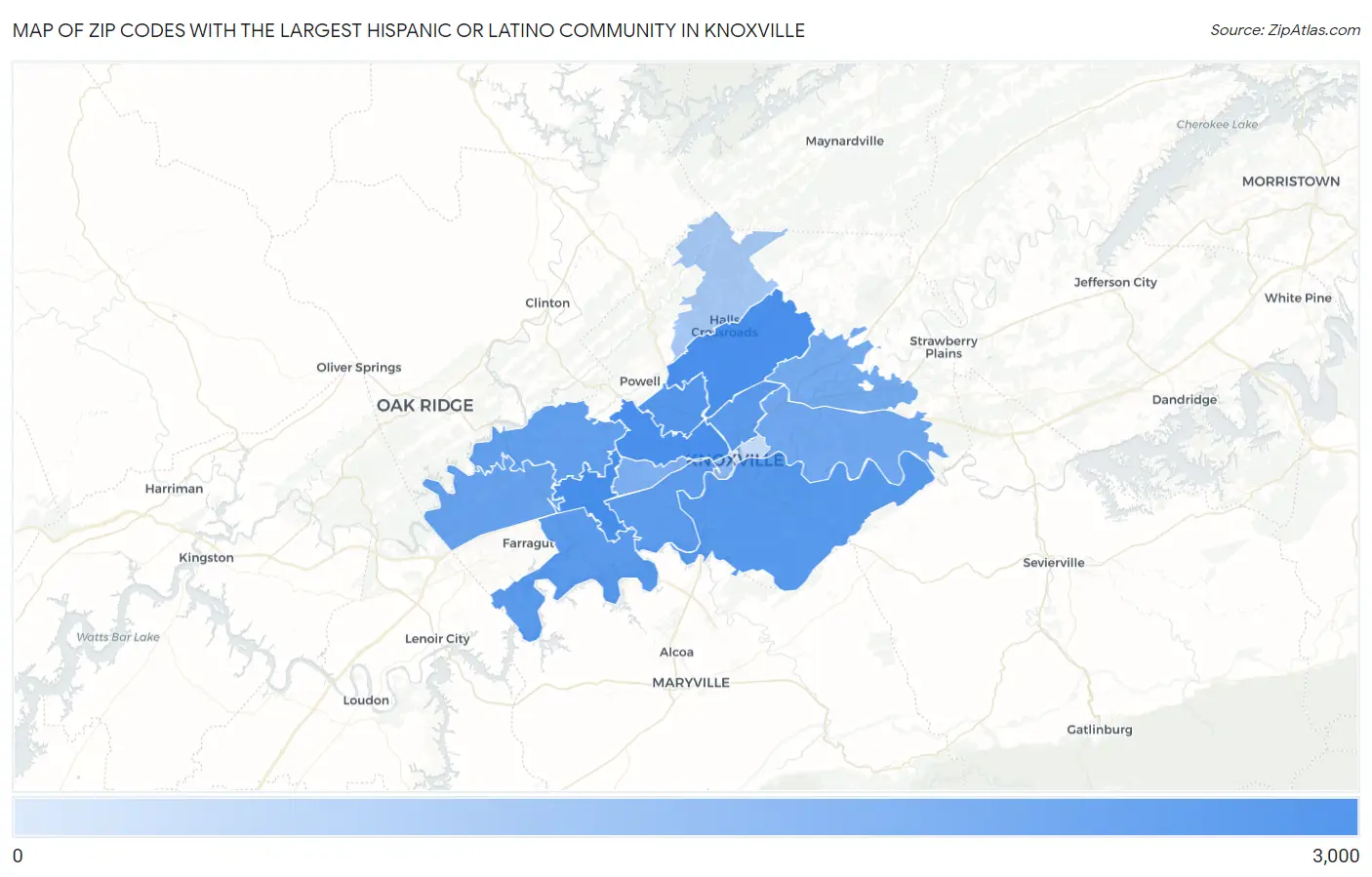 Zip Codes with the Largest Hispanic or Latino Community in Knoxville Map