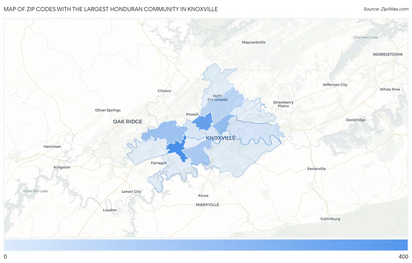 Zip Codes with the Largest Honduran Community in Knoxville Map