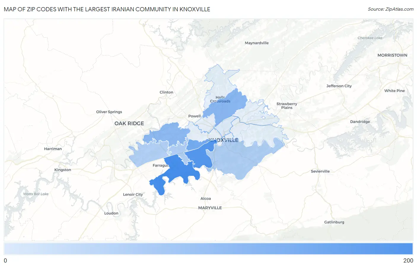 Zip Codes with the Largest Iranian Community in Knoxville Map