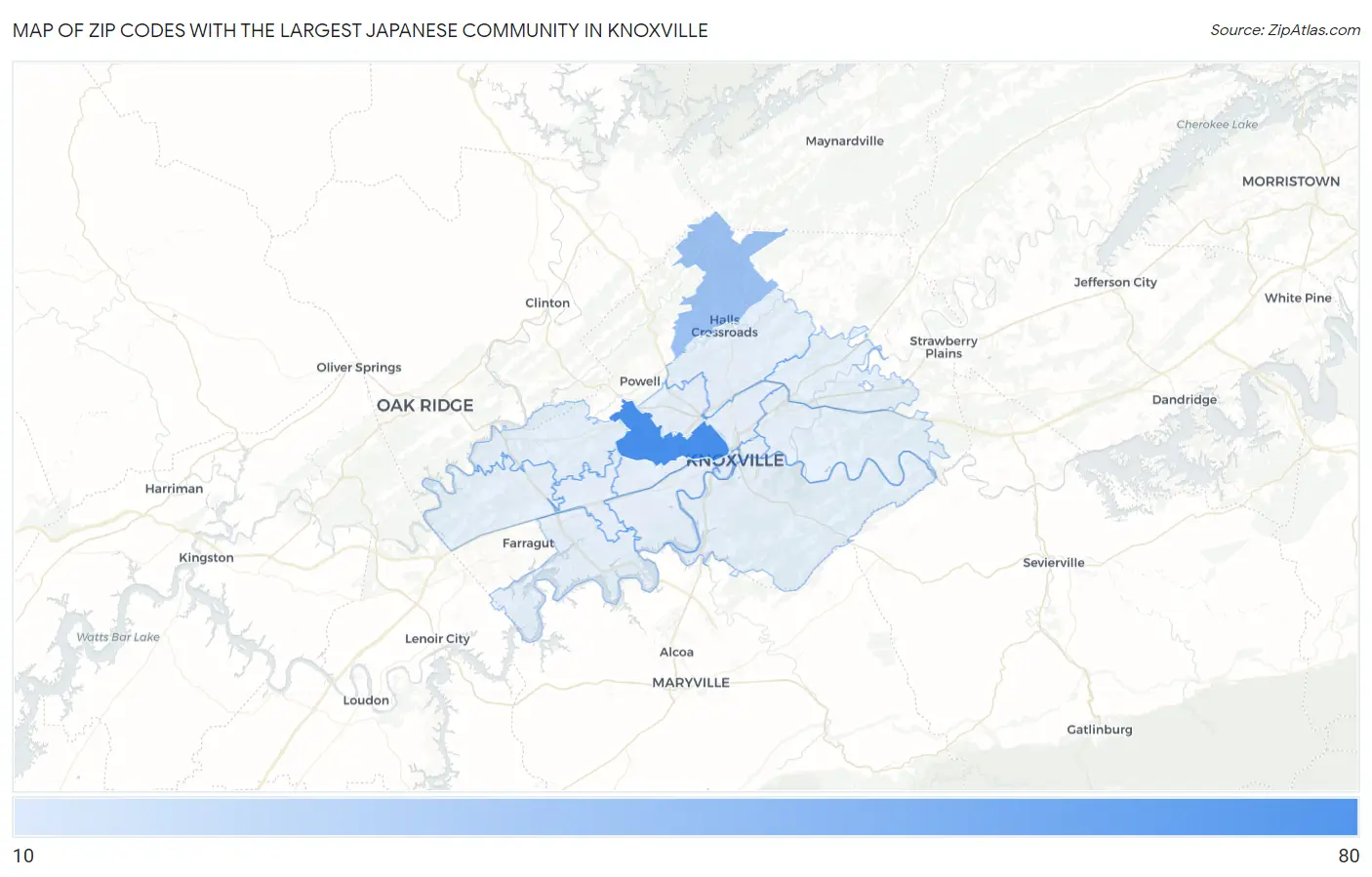 Zip Codes with the Largest Japanese Community in Knoxville Map
