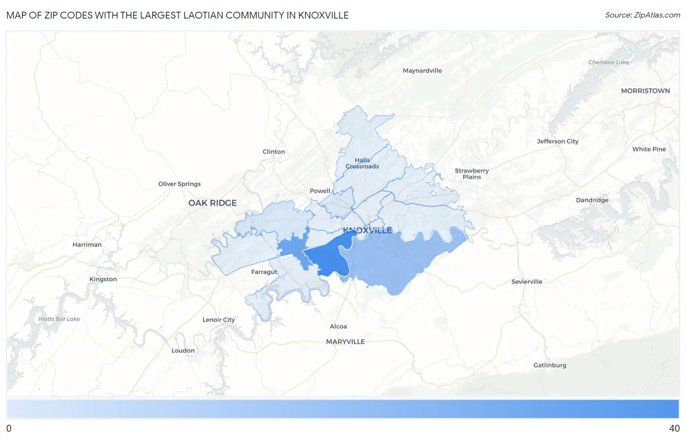 Zip Codes with the Largest Laotian Community in Knoxville Map