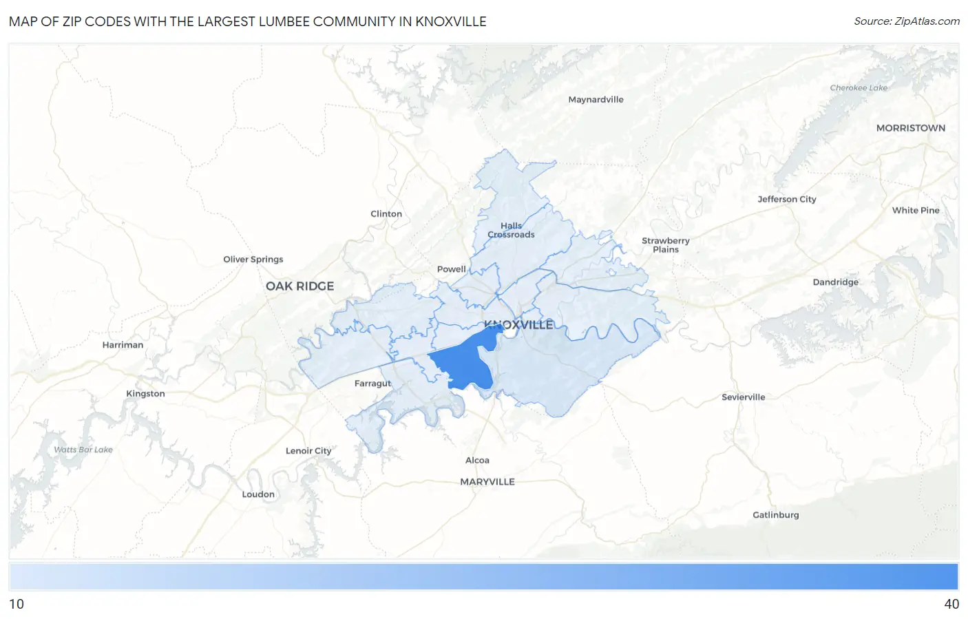 Zip Codes with the Largest Lumbee Community in Knoxville Map