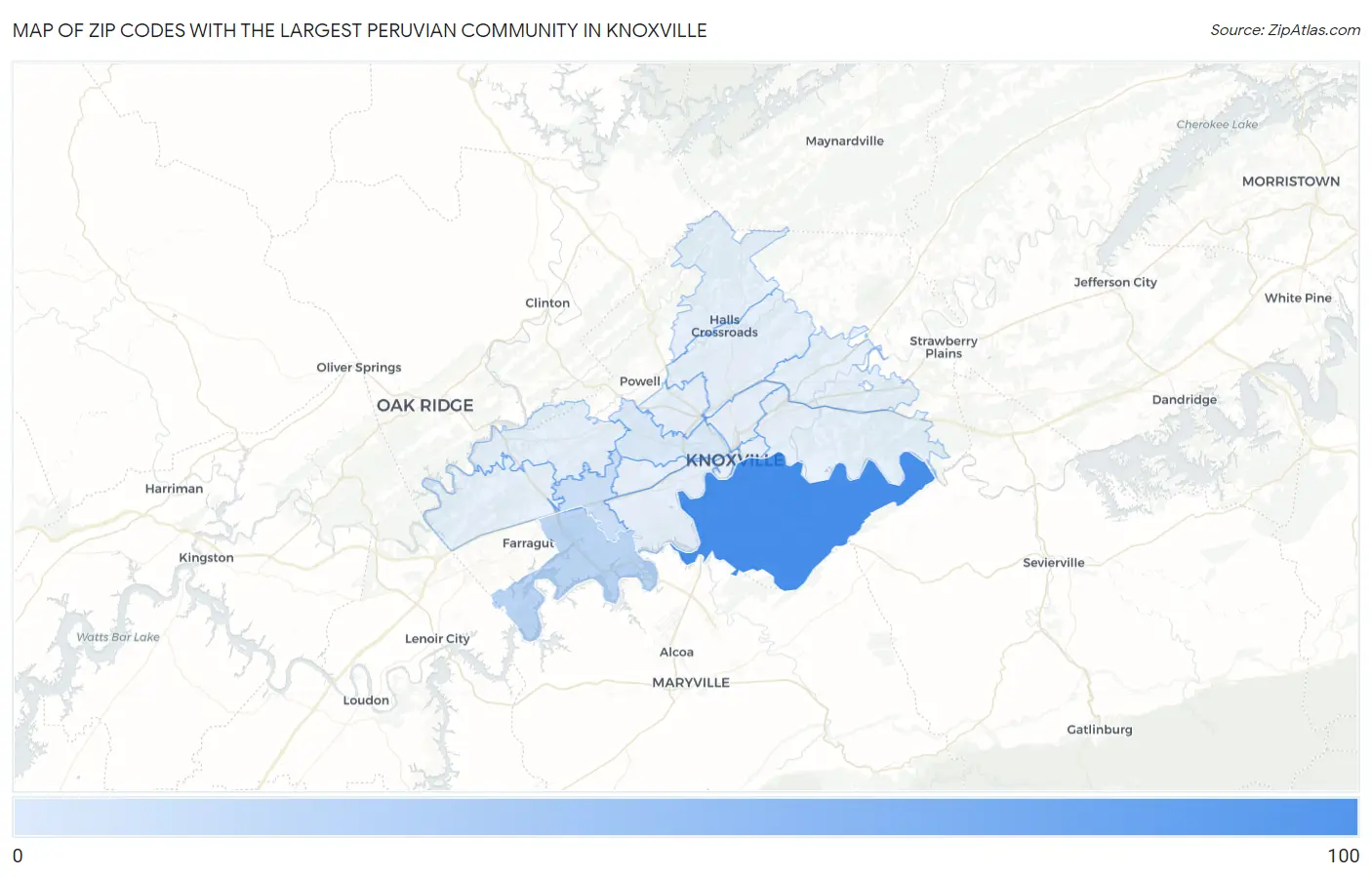 Zip Codes with the Largest Peruvian Community in Knoxville Map