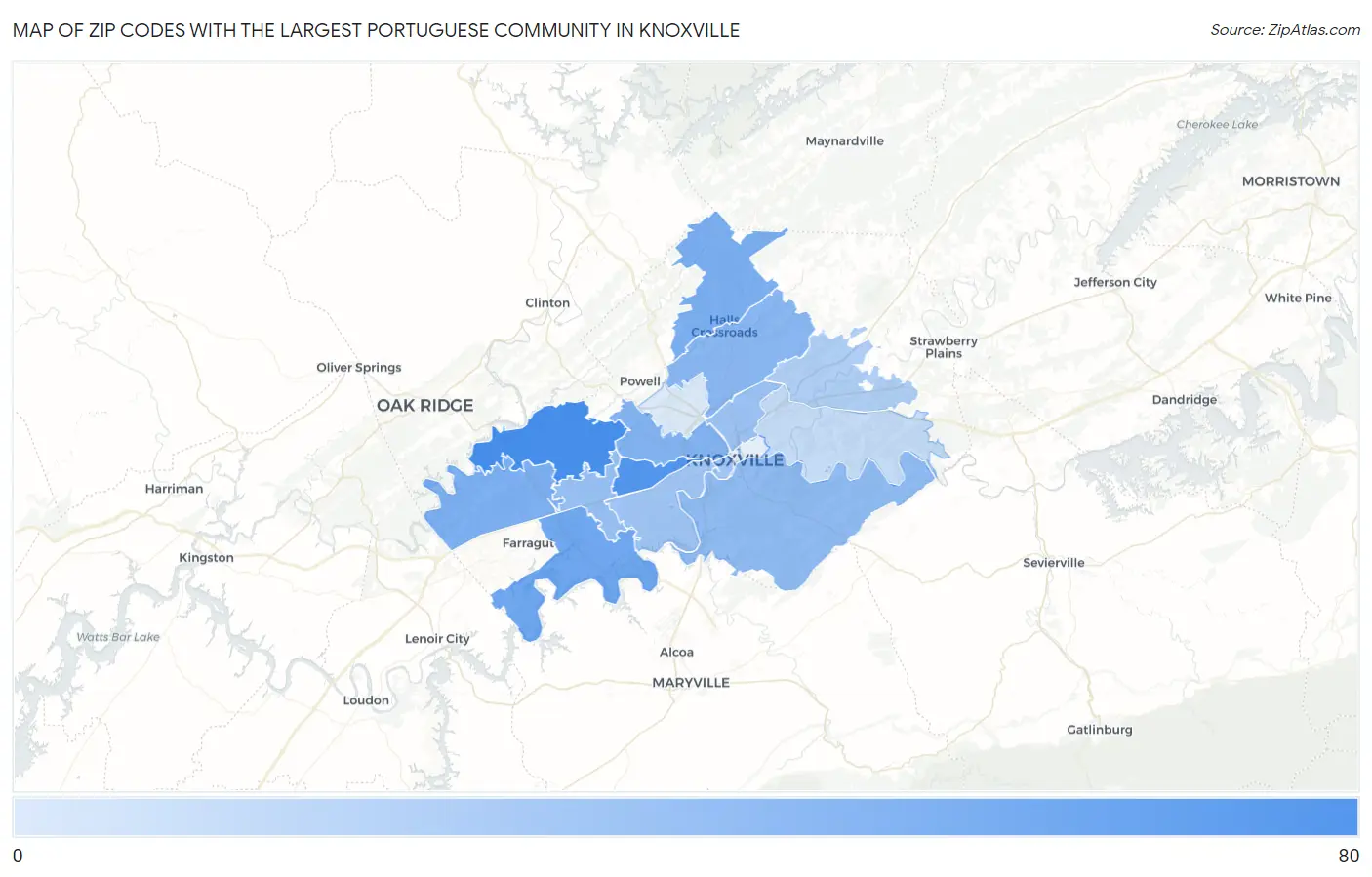 Zip Codes with the Largest Portuguese Community in Knoxville Map