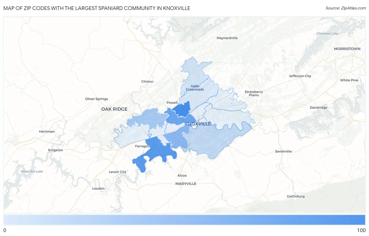 Zip Codes with the Largest Spaniard Community in Knoxville Map