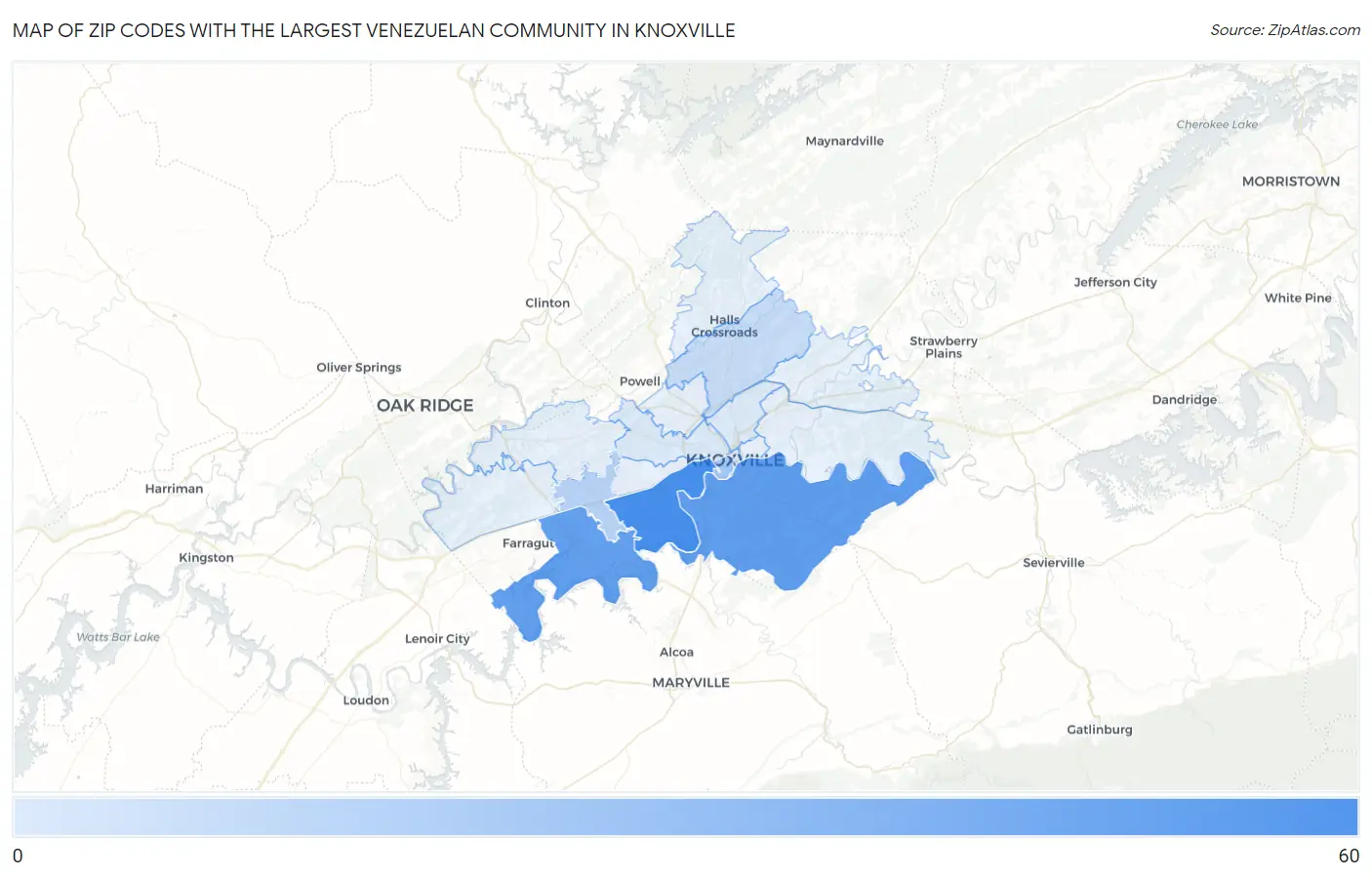 Zip Codes with the Largest Venezuelan Community in Knoxville Map