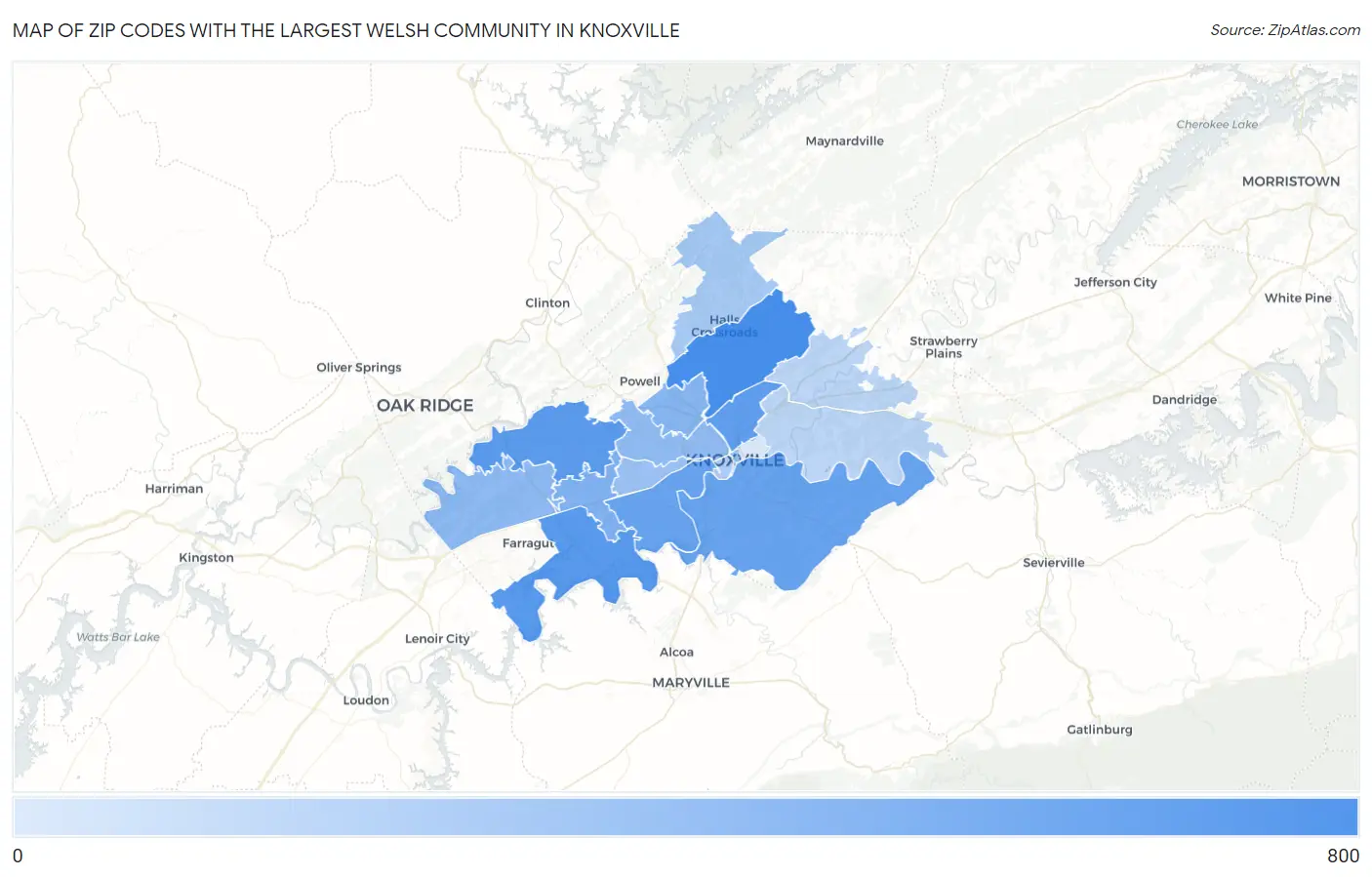 Zip Codes with the Largest Welsh Community in Knoxville Map