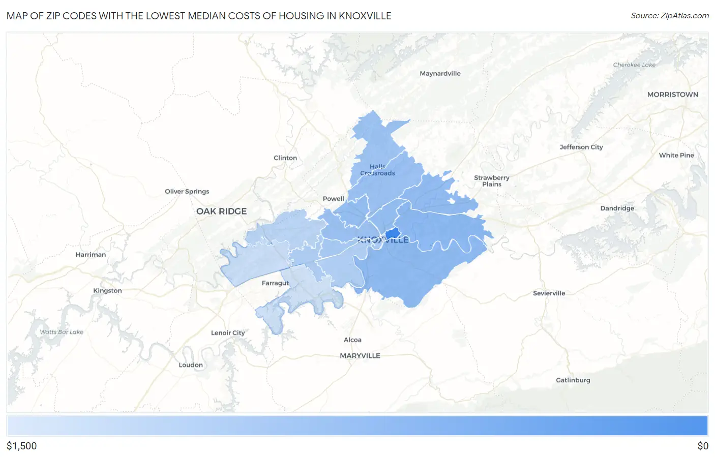 Zip Codes with the Lowest Median Costs of Housing in Knoxville Map