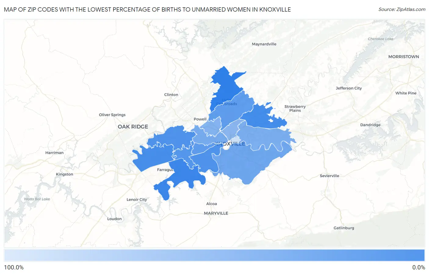 Zip Codes with the Lowest Percentage of Births to Unmarried Women in Knoxville Map