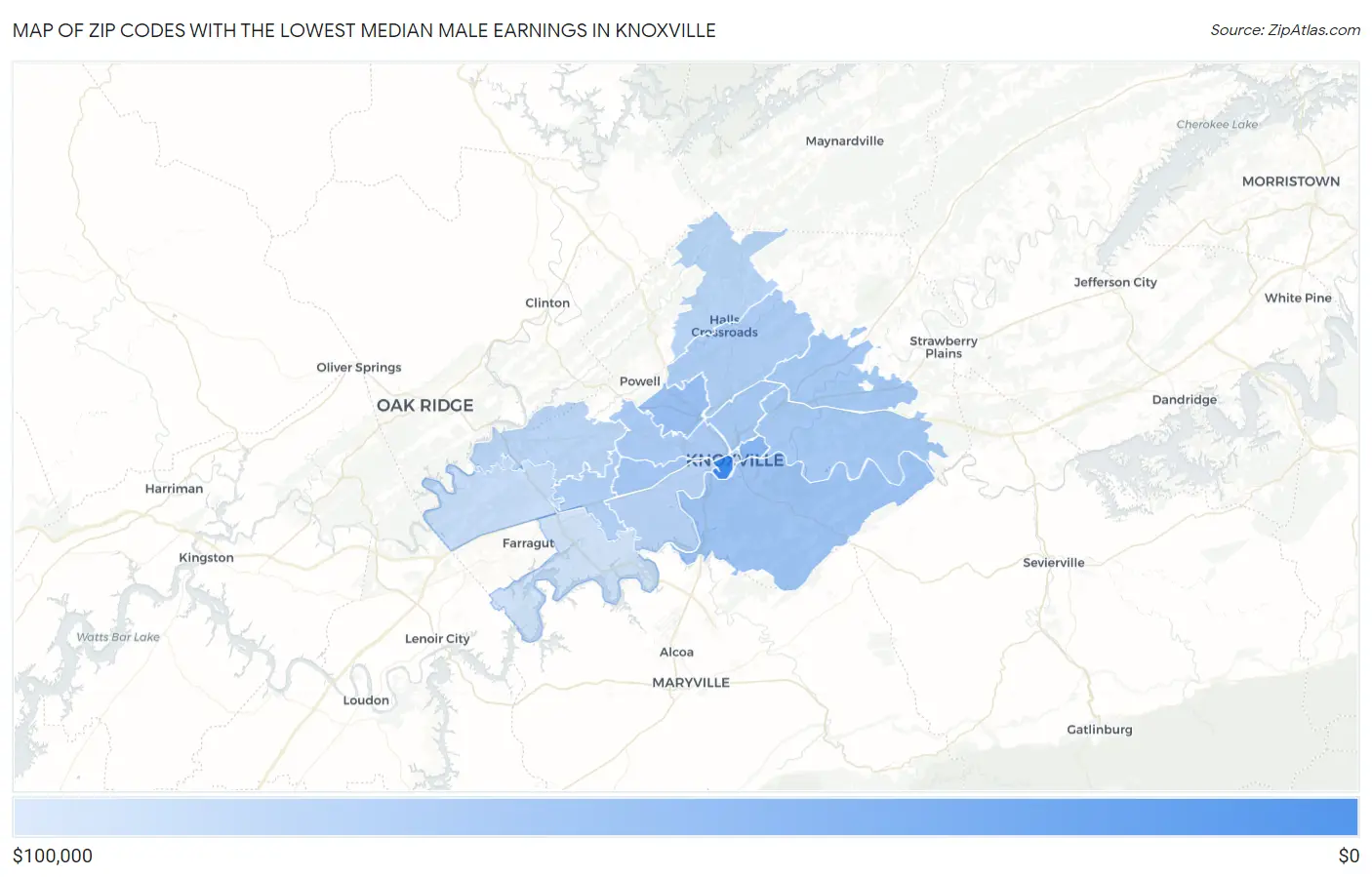 Zip Codes with the Lowest Median Male Earnings in Knoxville Map