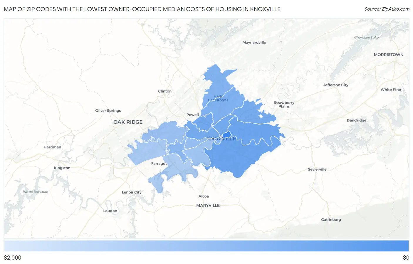 Zip Codes with the Lowest Owner-Occupied Median Costs of Housing in Knoxville Map