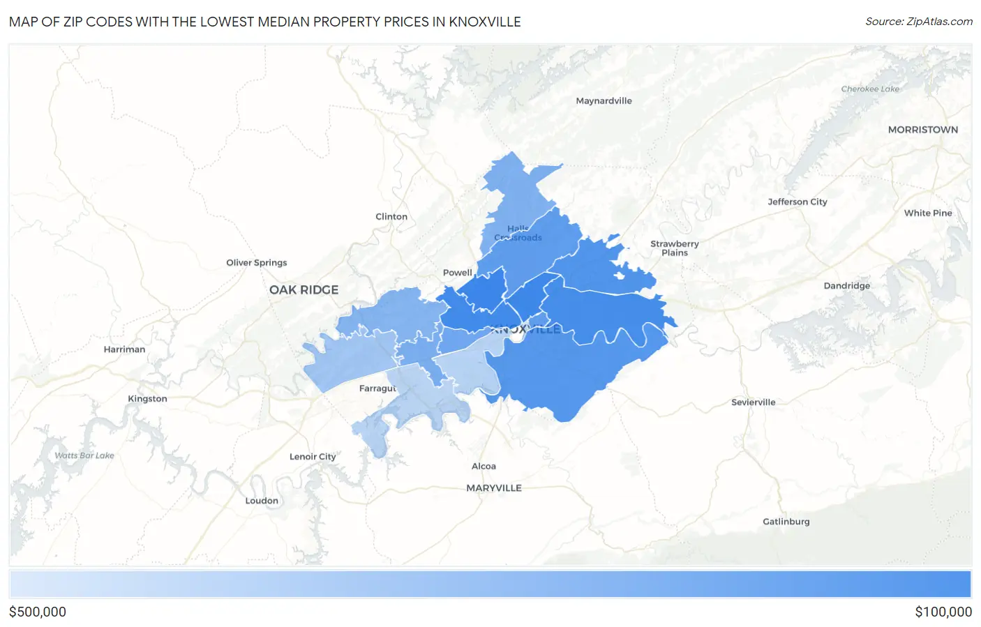 Zip Codes with the Lowest Median Property Prices in Knoxville Map