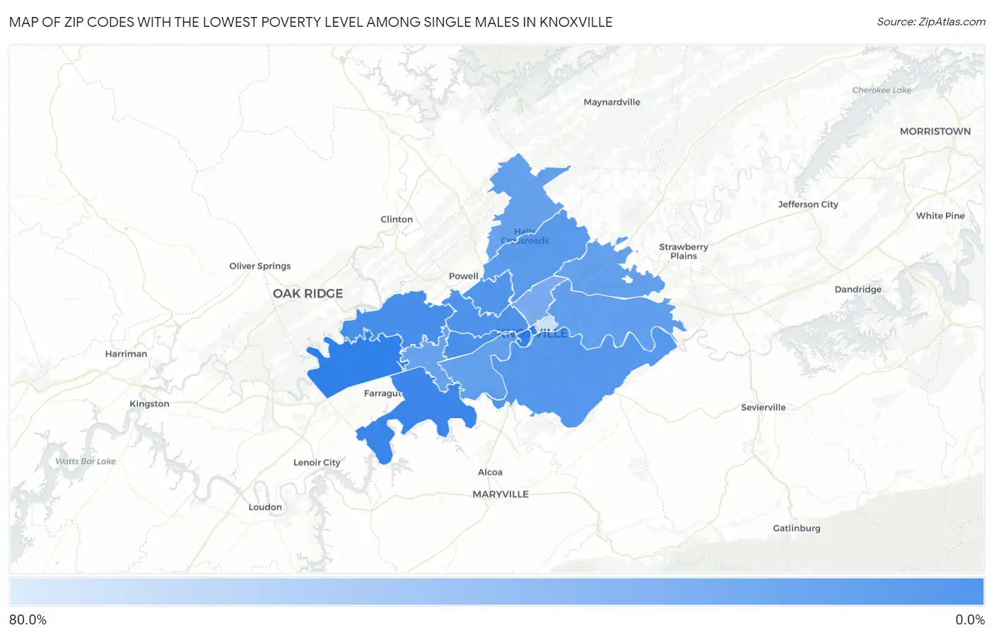 Zip Codes with the Lowest Poverty Level Among Single Males in Knoxville Map