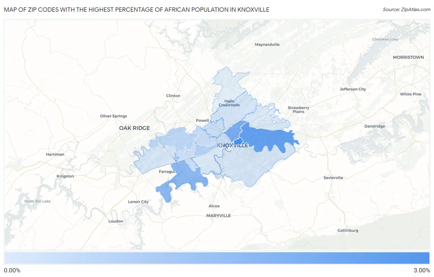 Zip Codes with the Highest Percentage of African Population in Knoxville Map