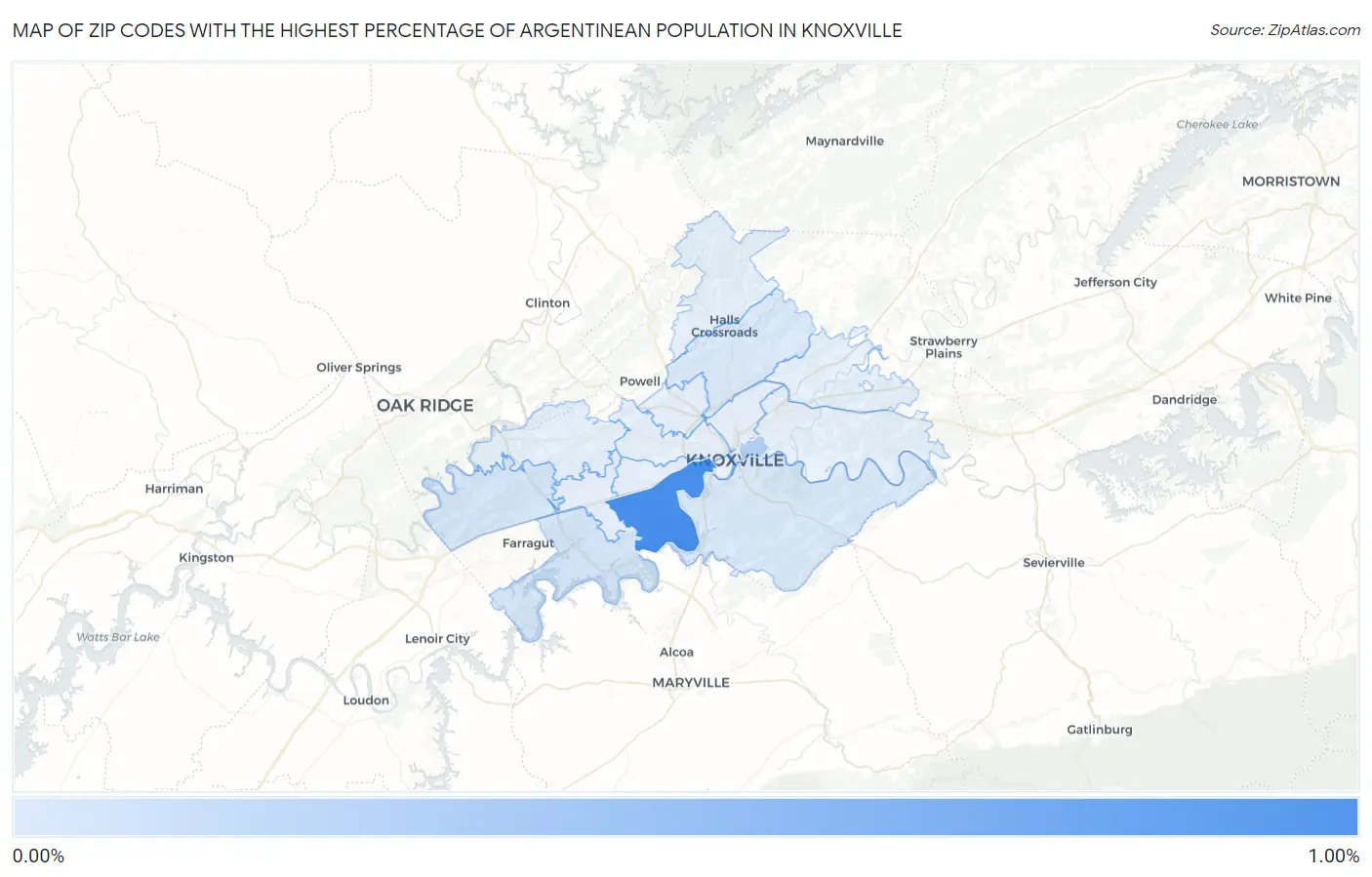 Zip Codes with the Highest Percentage of Argentinean Population in Knoxville Map