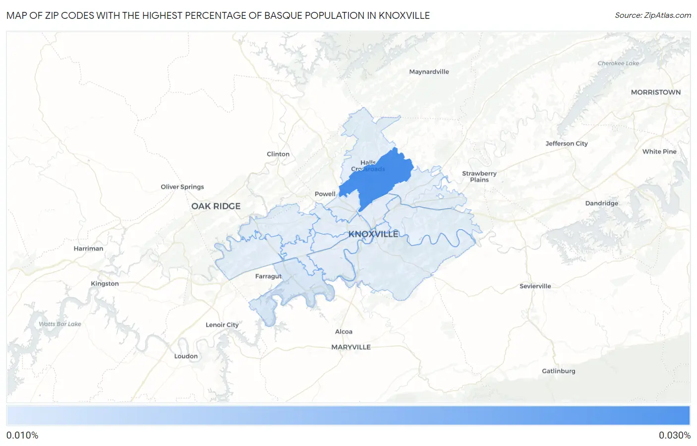Zip Codes with the Highest Percentage of Basque Population in Knoxville Map