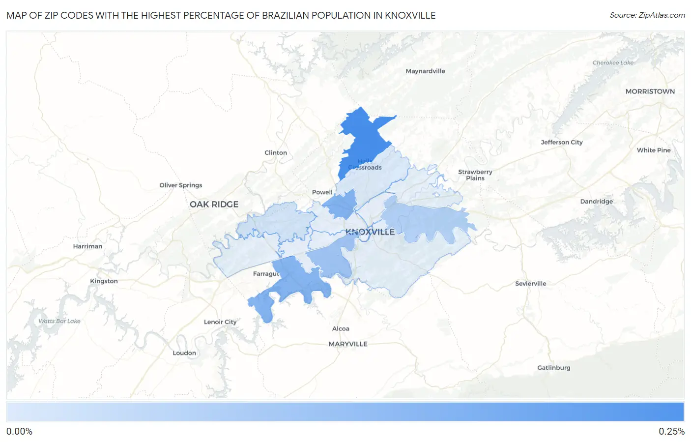 Zip Codes with the Highest Percentage of Brazilian Population in Knoxville Map