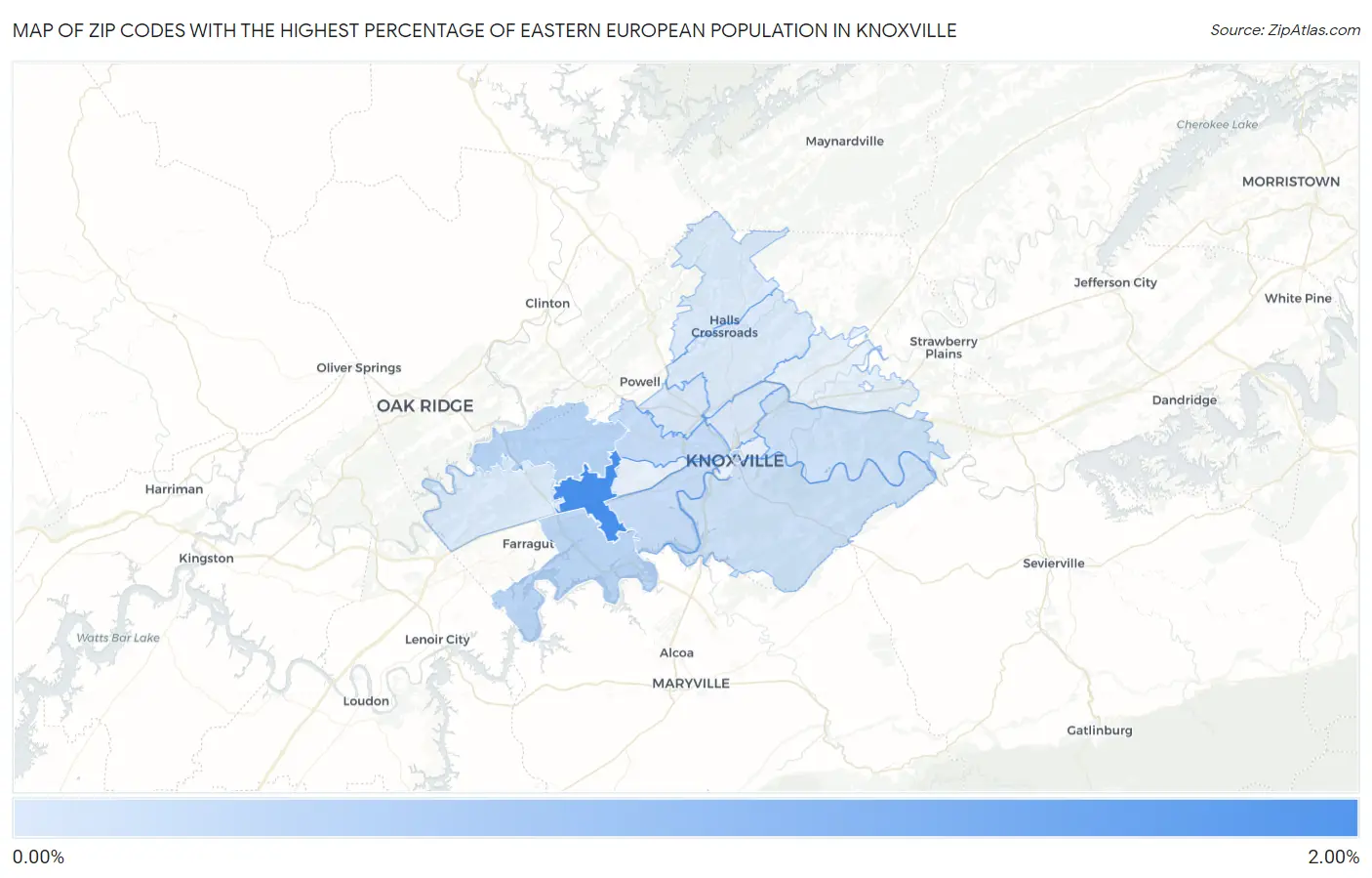 Zip Codes with the Highest Percentage of Eastern European Population in Knoxville Map