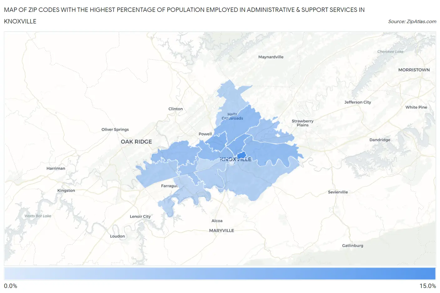 Zip Codes with the Highest Percentage of Population Employed in Administrative & Support Services in Knoxville Map