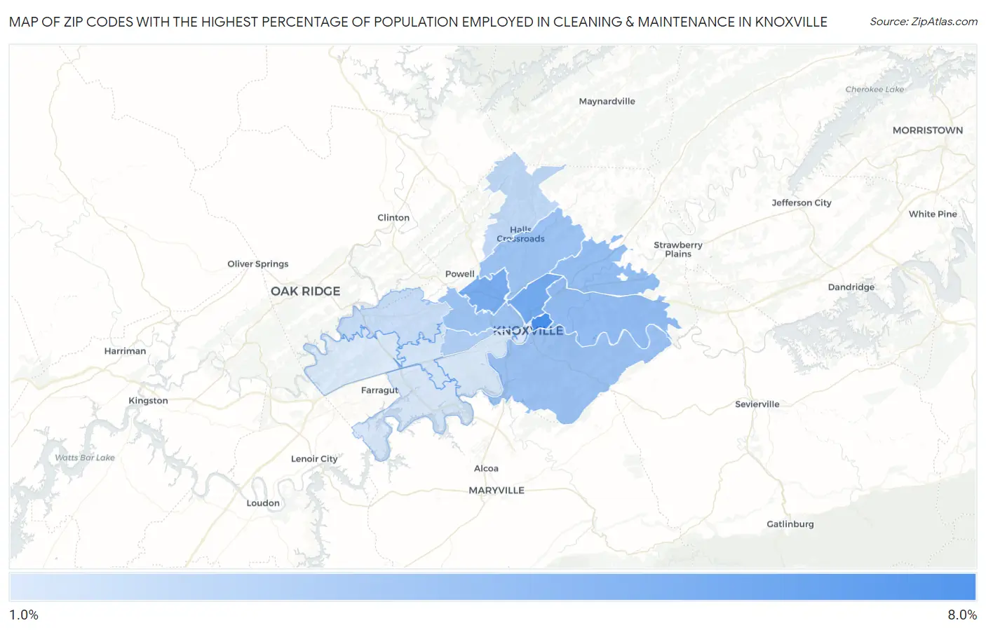 Zip Codes with the Highest Percentage of Population Employed in Cleaning & Maintenance in Knoxville Map