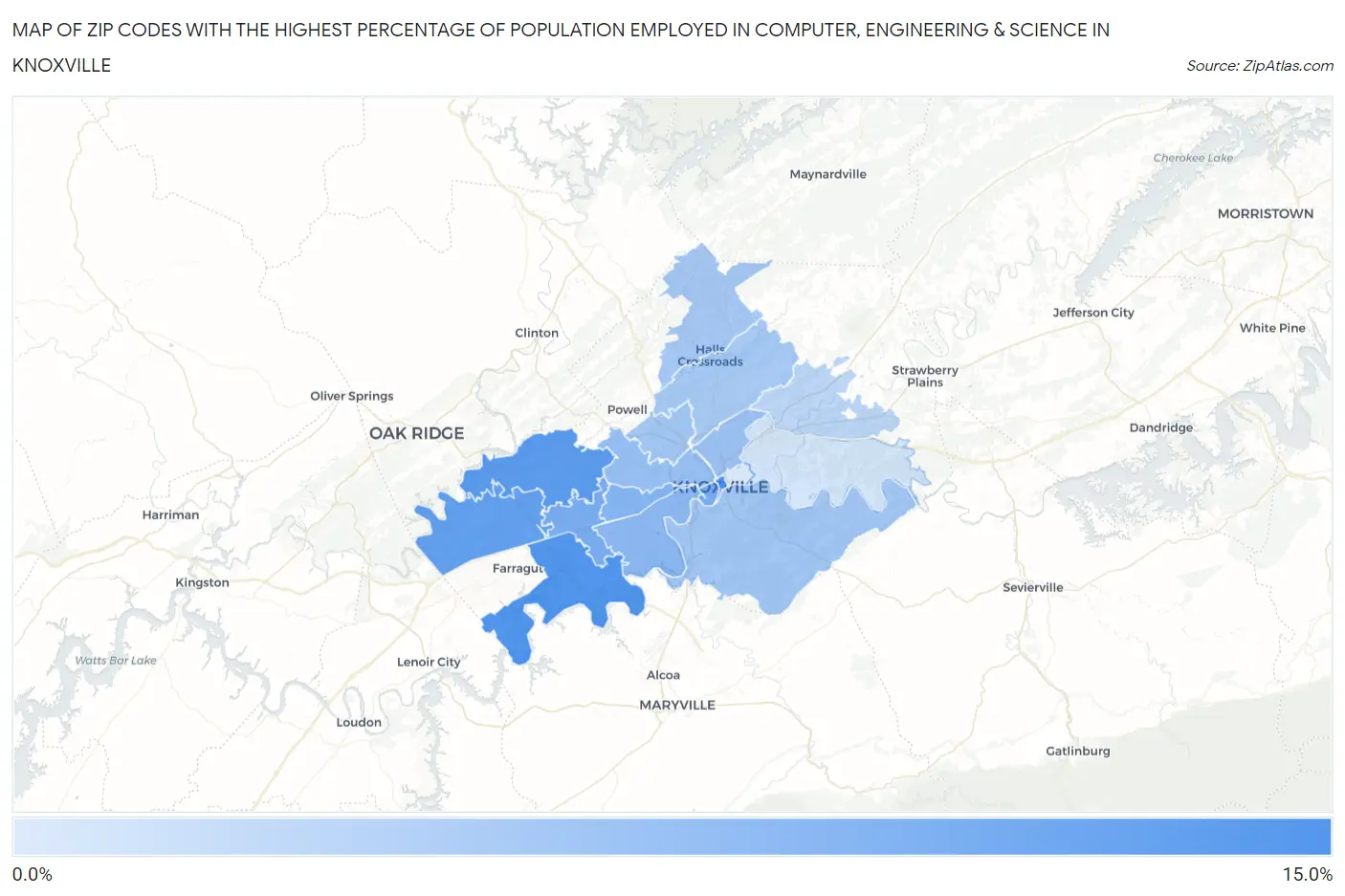 Zip Codes with the Highest Percentage of Population Employed in Computer, Engineering & Science in Knoxville Map