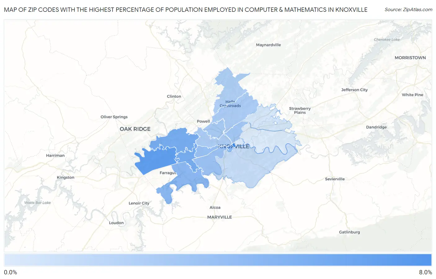 Zip Codes with the Highest Percentage of Population Employed in Computer & Mathematics in Knoxville Map