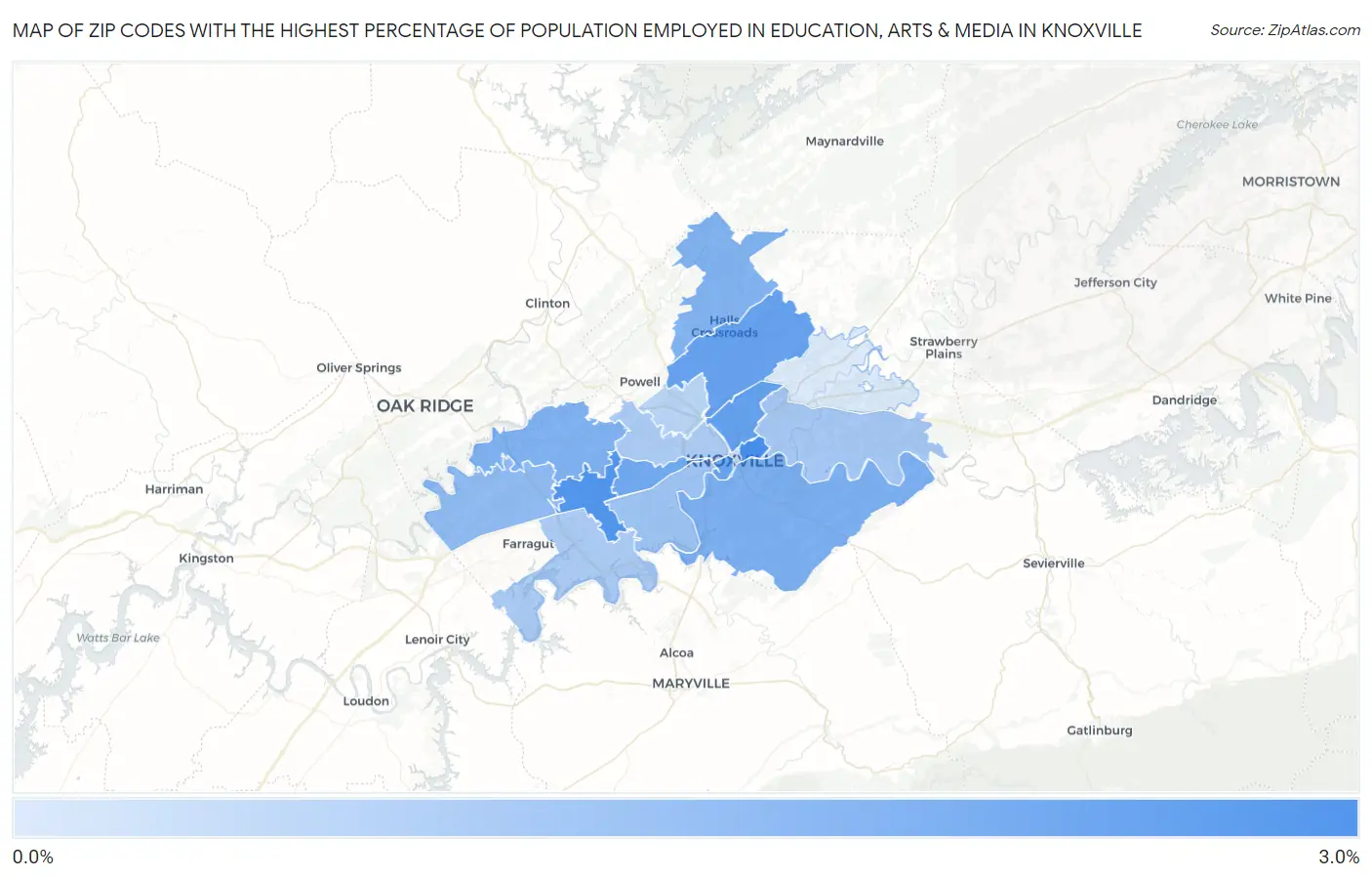 Zip Codes with the Highest Percentage of Population Employed in Education, Arts & Media in Knoxville Map
