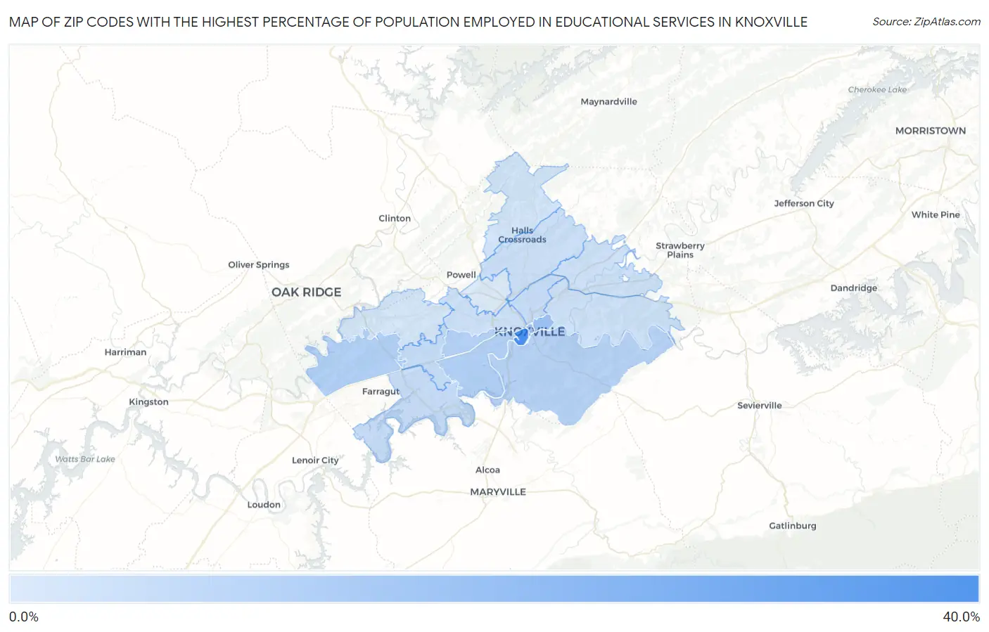 Zip Codes with the Highest Percentage of Population Employed in Educational Services in Knoxville Map