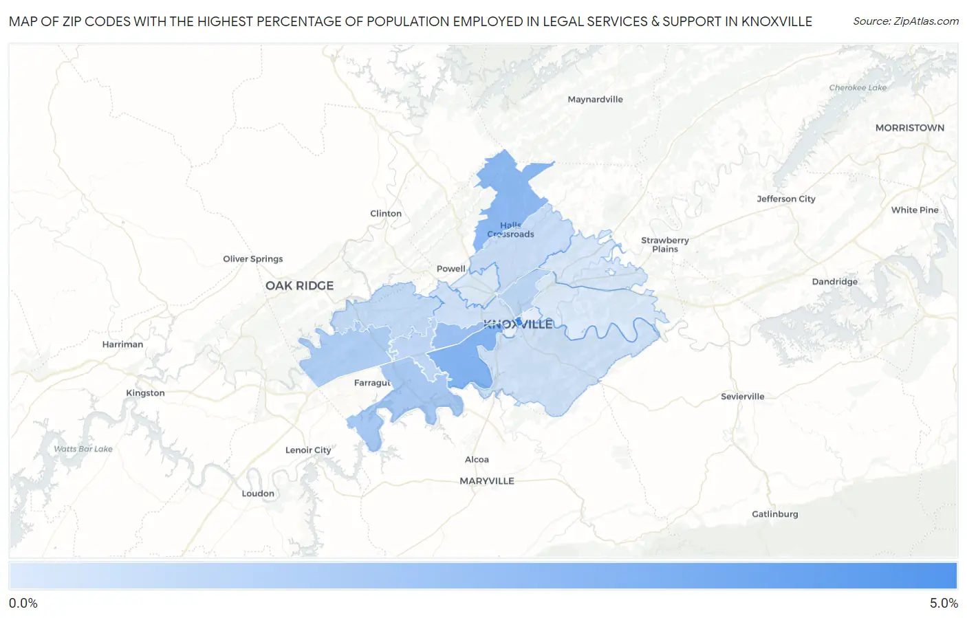 Zip Codes with the Highest Percentage of Population Employed in Legal Services & Support in Knoxville Map