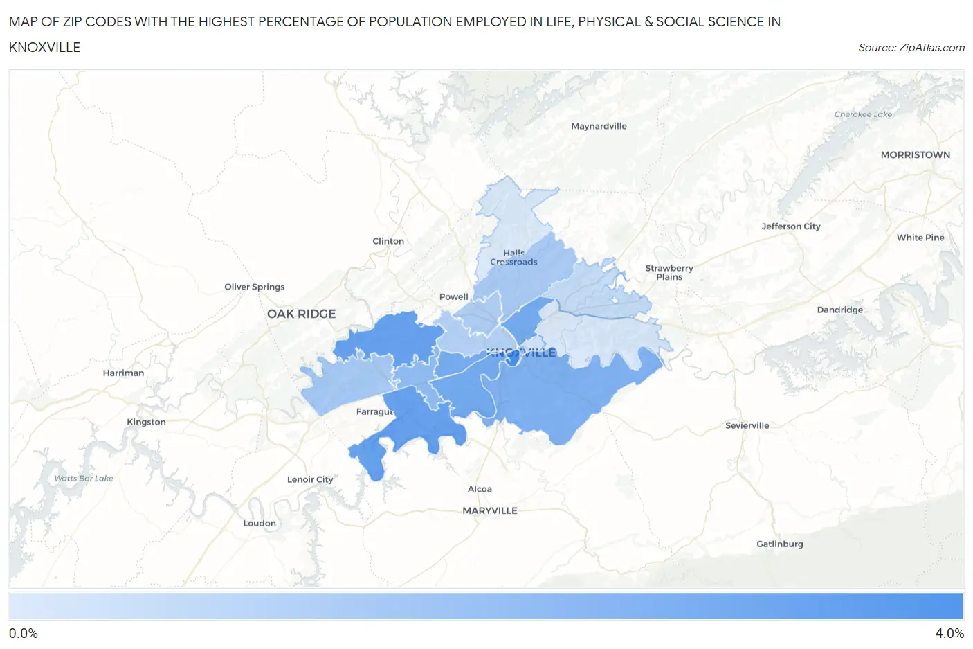 Zip Codes with the Highest Percentage of Population Employed in Life, Physical & Social Science in Knoxville Map
