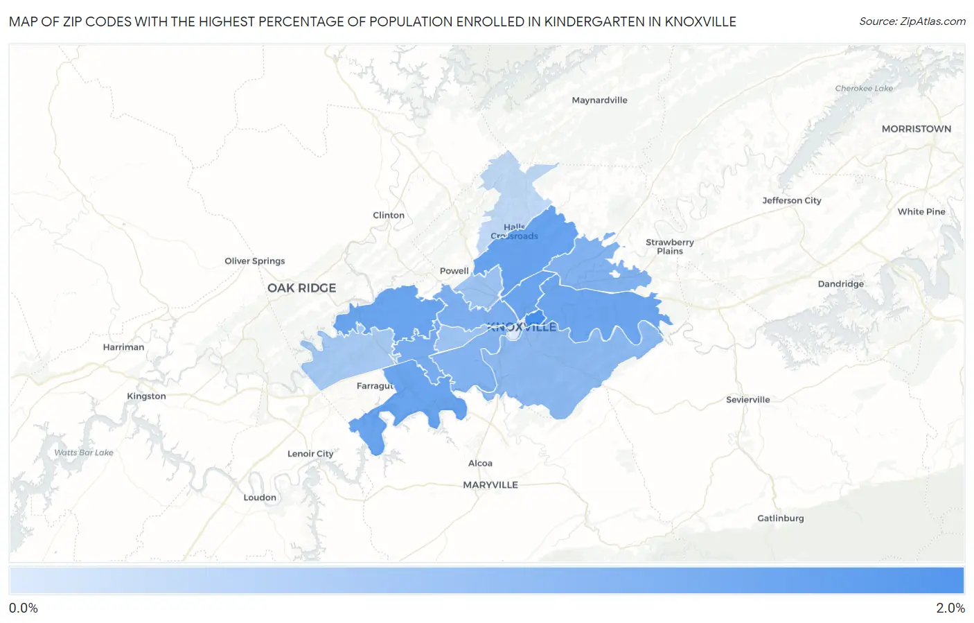 Zip Codes with the Highest Percentage of Population Enrolled in Kindergarten in Knoxville Map