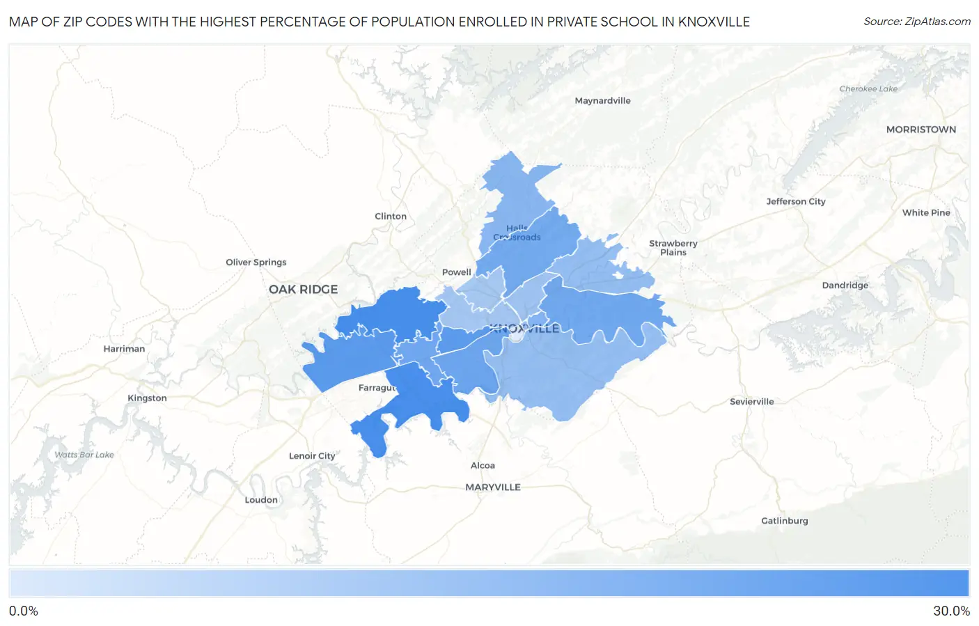 Zip Codes with the Highest Percentage of Population Enrolled in Private School in Knoxville Map