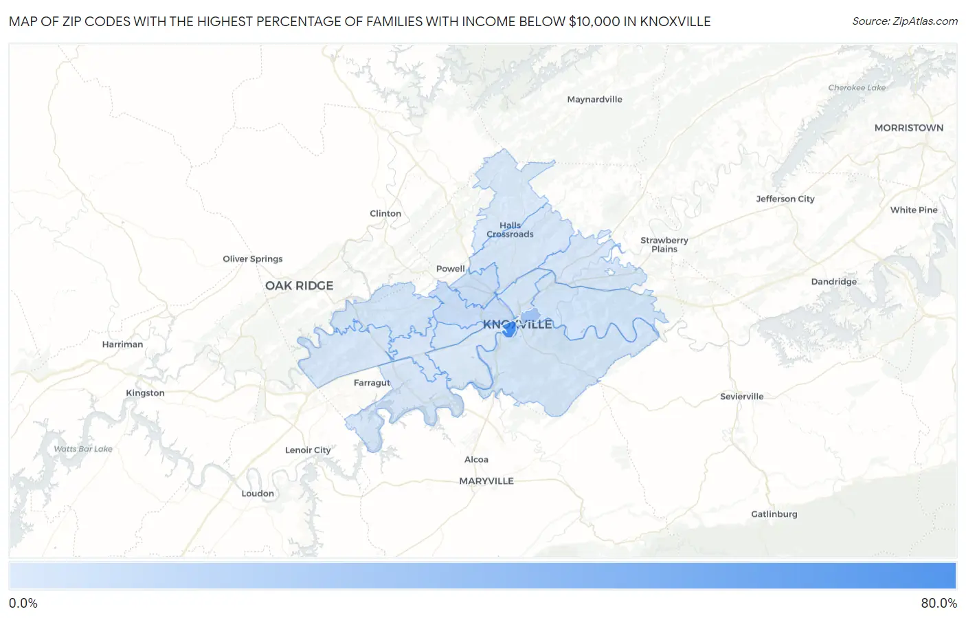 Zip Codes with the Highest Percentage of Families with Income Below $10,000 in Knoxville Map