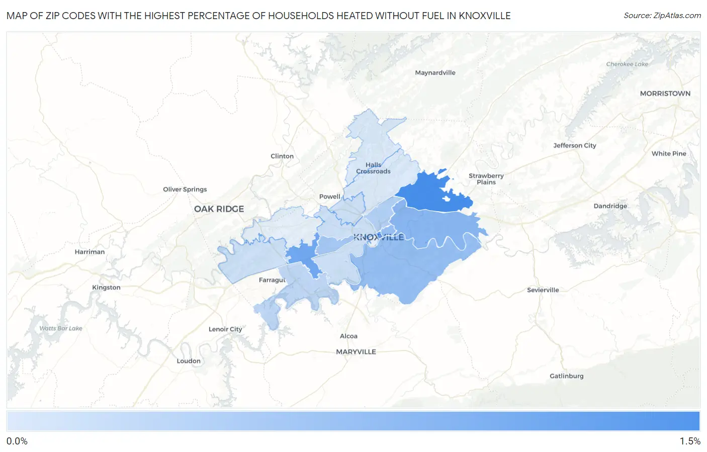 Zip Codes with the Highest Percentage of Households Heated without Fuel in Knoxville Map
