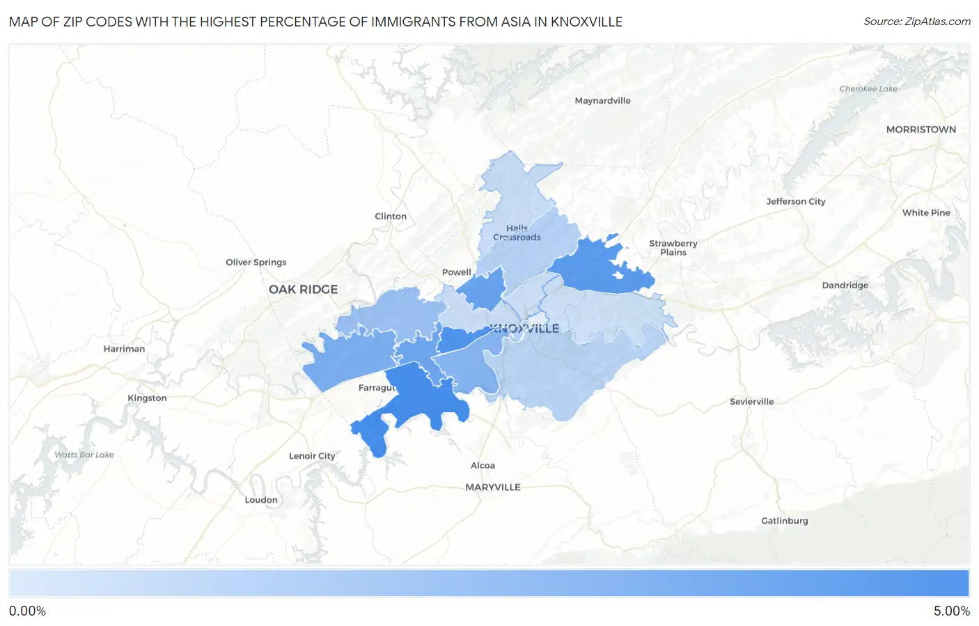 Zip Codes with the Highest Percentage of Immigrants from Asia in Knoxville Map