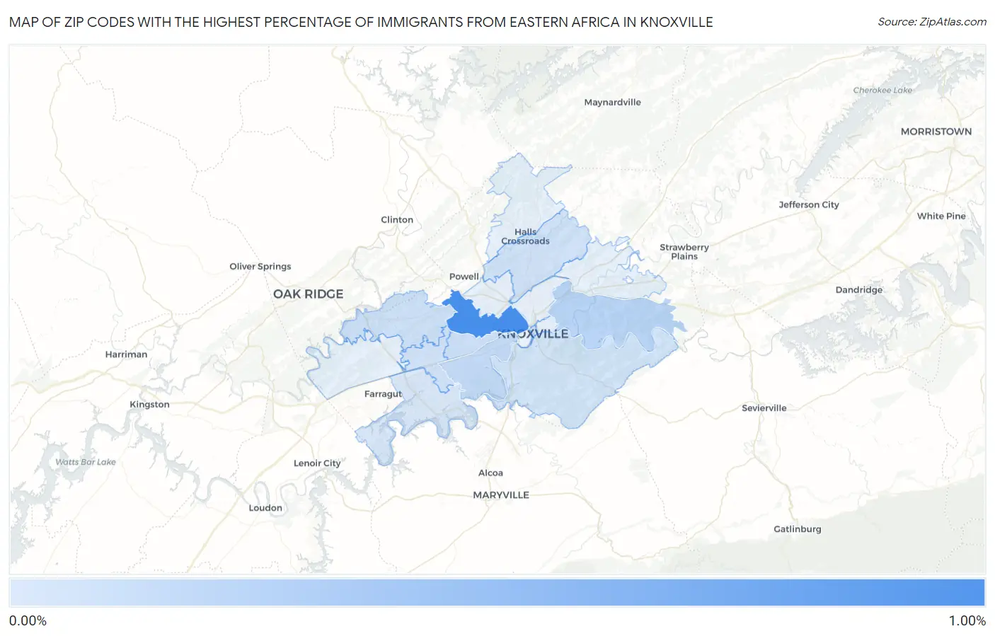 Zip Codes with the Highest Percentage of Immigrants from Eastern Africa in Knoxville Map