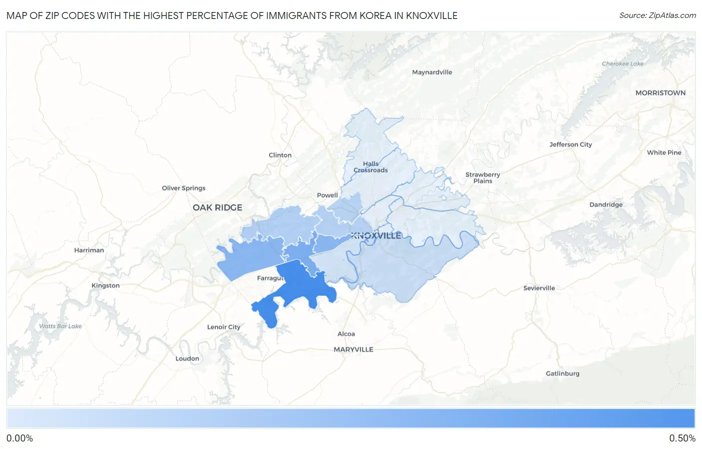 Zip Codes with the Highest Percentage of Immigrants from Korea in Knoxville Map