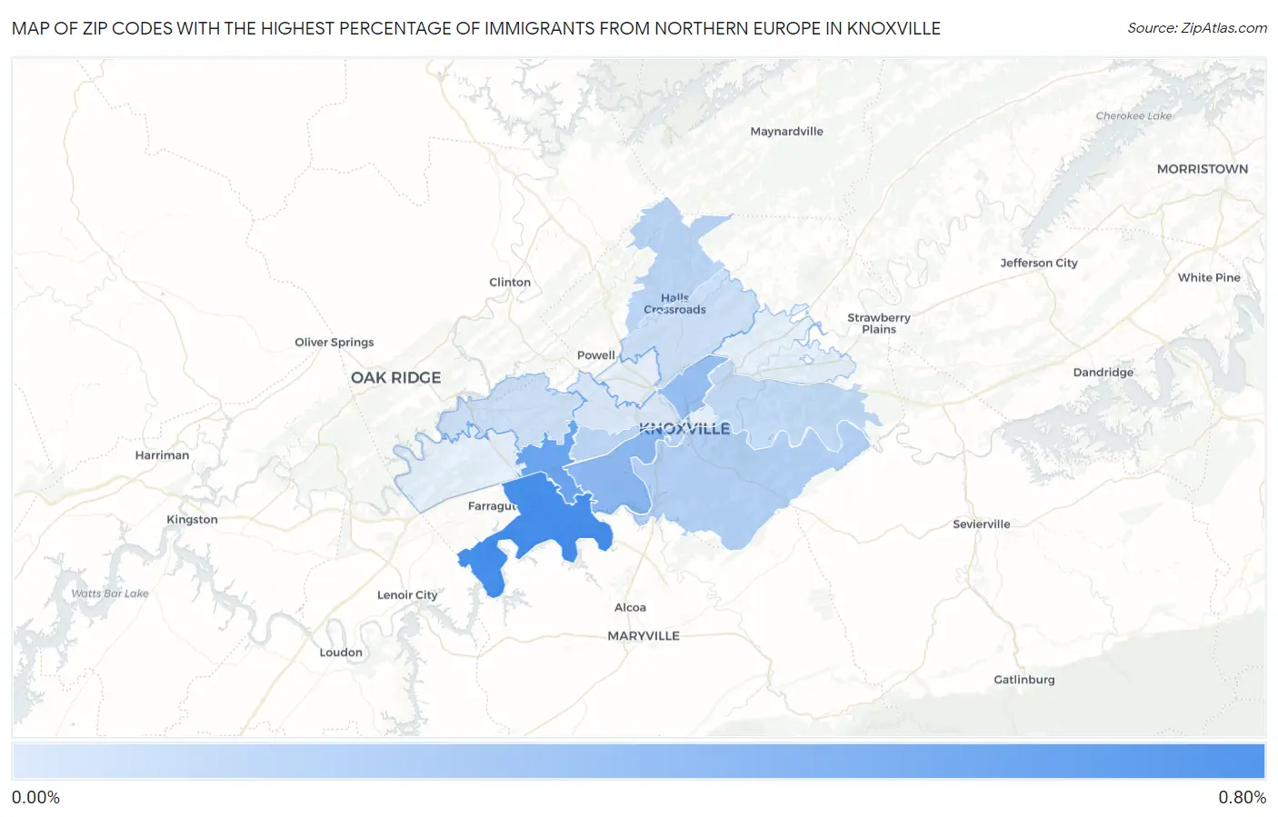 Zip Codes with the Highest Percentage of Immigrants from Northern Europe in Knoxville Map