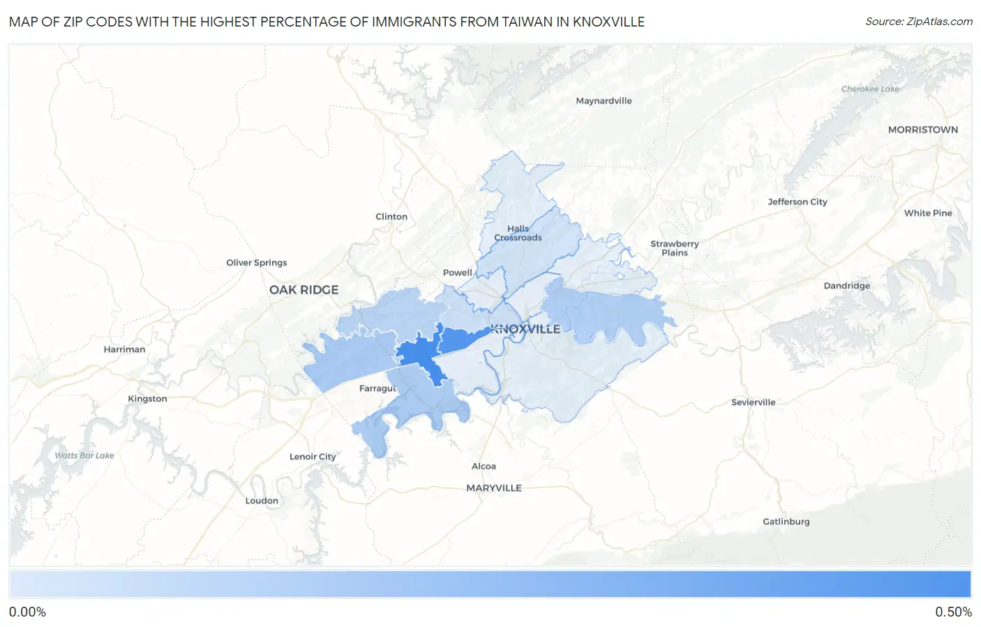 Zip Codes with the Highest Percentage of Immigrants from Taiwan in Knoxville Map
